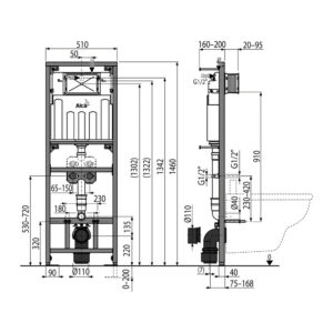 AlcaPlast A108F/1500 - Montážny rám s nádržkou pre výlevku s odpadom DN90/110 a batériu