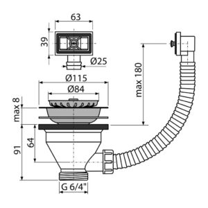 AlcaPlast A38 - Výpusť drezová 6/4" s nerezovu mriežkou DN115 a flexi prepadom