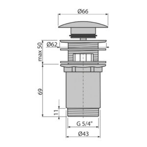 AlcaPlast A392C - Výpusť umývadlová CLICK/CLACK 5/4" celokovová s prepadom, veľká zátka