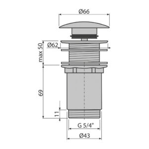 AlcaPlast A395 - Výpusť umývadlová CLICK/CLACK 5/4" celokovová bez prepadu, velká zátka