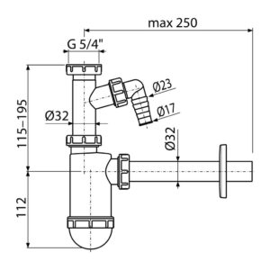 AlcaPlast A430P - Sifón umývadlový DN32 s prípojkou a prevlečnou maticou 5/4"