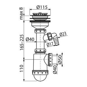 AlcaPlast A446P-DN50/40 - Sifón drezový s nerezovou mriežkou DN115 a prípojkou