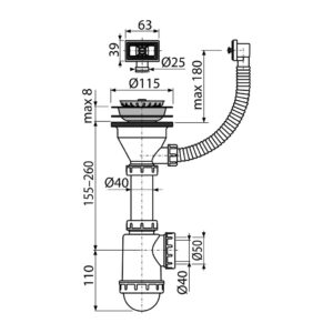 AlcaPlast A447-DN50/40 - Sifón drezový s nerezovou mriežkou DN115 a flexi prepadom