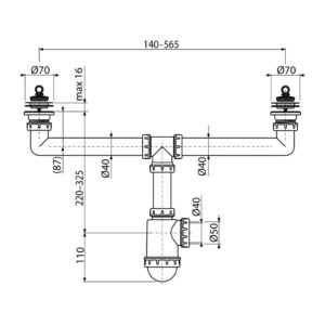 AlcaPlast A449-DN50/40 - Sifón pre dvojdrez s nerezovými mriežkami DN70