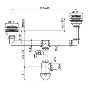 AlcaPlast A454P - Sifón pre dvojdrez s nerezovými mriežkami DN115 dvojúrovňový s prípojkou
