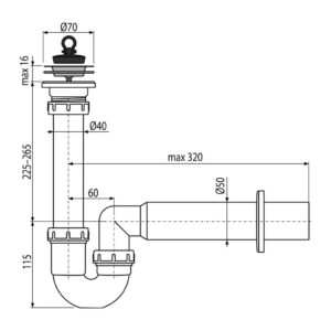 AlcaPlast A800-DN50 - Sifón trubkový s nerezovou mriežkou DN70