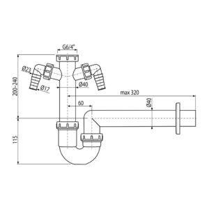 AlcaPlast A82-DN40 - Sifón trubkový s prevlečnou maticou 6/4" a dvoma prípojkami