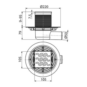 AlcaPlast APV102 - Podlahová vpusť 105×105/50 mm bočná, mriežka nerez, vodná zápachová uzávera