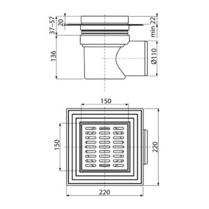 AlcaPlast APV10 - Podlahová vpusť 150×150/110 mm bočná, mriežka šedá, límec 2. úrovne izolácie, vodná zápachová uzávera