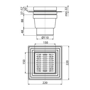 AlcaPlast APV13 - Podlahová vpusť 150×150/110 mm priama, mriežka nerez, límec 2. úrovne izolácie, vodná zápachová uzávera