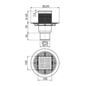 AlcaPlast APV2321 - Podlahová vpusť 105×105/50/75 mm priama, mriežka nerez, kombinovaná zápachová uzávera SMART