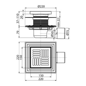 AlcaPlast APV3444 - Podlahová vpusť 150×150/50/75 mm bočná, mriežka nerez, nerezová príruba a límec 2. úrovne izolácie, vodná a suchá zápachová uzávera