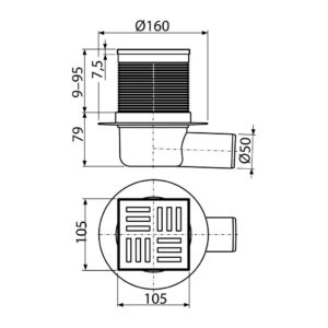 AlcaPlast APV5111 - Podlahová vpusť 105×105/50 mm bočná, mriežka šedá, vodná zápachová uzávera