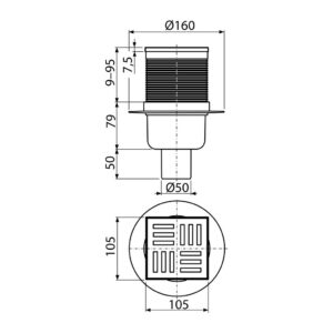 AlcaPlast APV6111 - Podlahová vpusť 105×105/50 mm priama, mriežka šedá, vodná zápachová uzávera