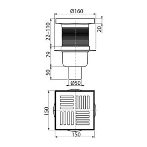 AlcaPlast APV6211 - Podlahová vpusť 150×150/50 mm priama, mriežka šedá, vodná zápachová uzávera