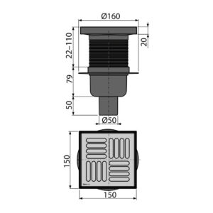 AlcaPlast APV6411 - Podlahová vpusť 150×150/50 mm priama, mriežka nerez, vodná zápachová uzávera