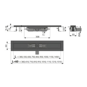 AlcaPlast APZ101BLACK-1150 - Podlahový žľab s okrajom pre perforovaný rošt, čierna-mat