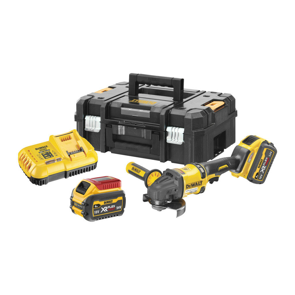 DeWalt DCG418T2 - Bezuhlíková aku uhlová brúska Flexvolt 54V, 125mm, 2x aku 6,0Ah, nabíjačka, kufor Tstak