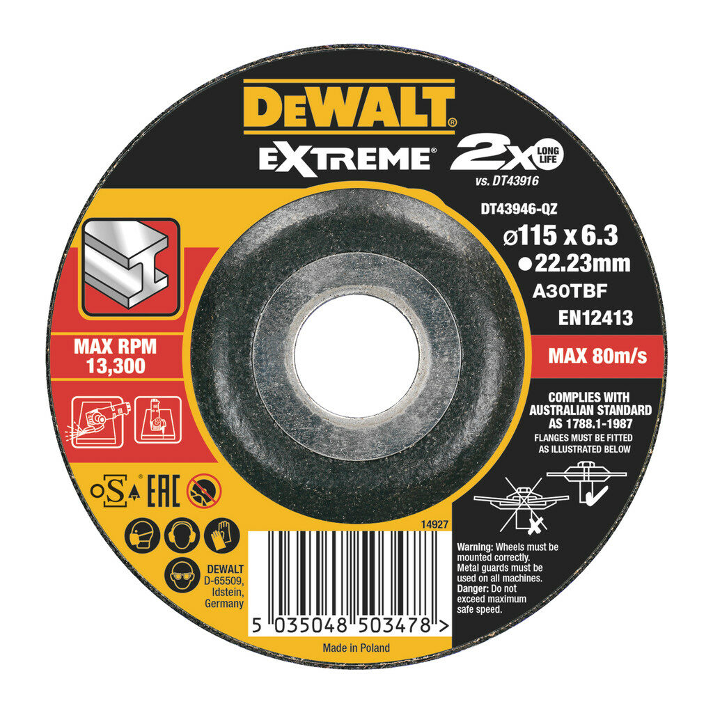 DeWalt DT43946 - Brúsny kotúč EXTREME® na kov, 115x22,2x6,0mm, Typ 27 – vypuklý