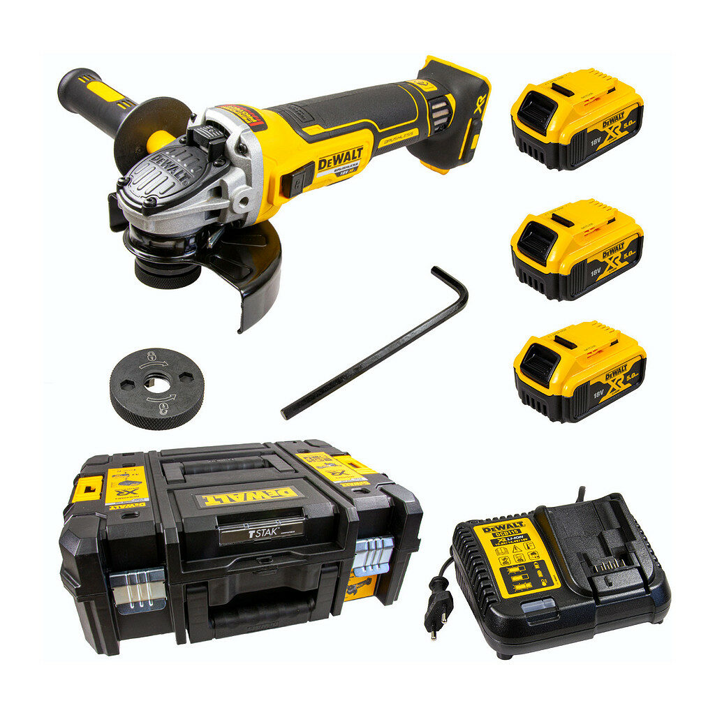 DeWalt DCG405P3 - Bezuhlíková aku uhlová brúska 18V, 125mm, 3x aku 5,0Ah, nabíjačka, kufor Tstak