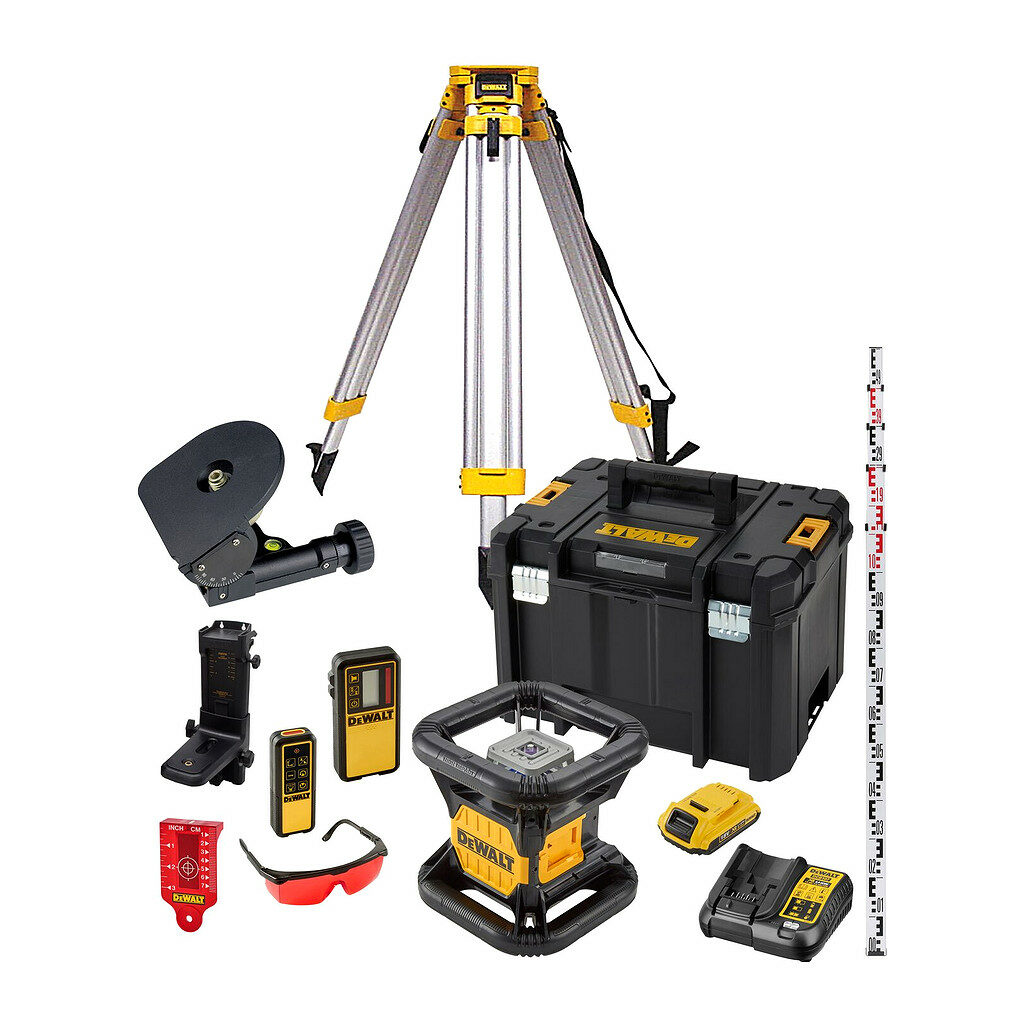 DeWalt DCK374D1R - Sada rotačný laser červený 18V, 225m, 1x aku 2,0 Ah, kufor Tstak + prijímač, statív, lata