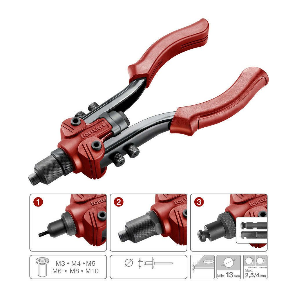 Fortum 4770638 - Kliešte nitovacie a vysekávacie 3v1, nity 2,4-6,4mm, matice M3-M10