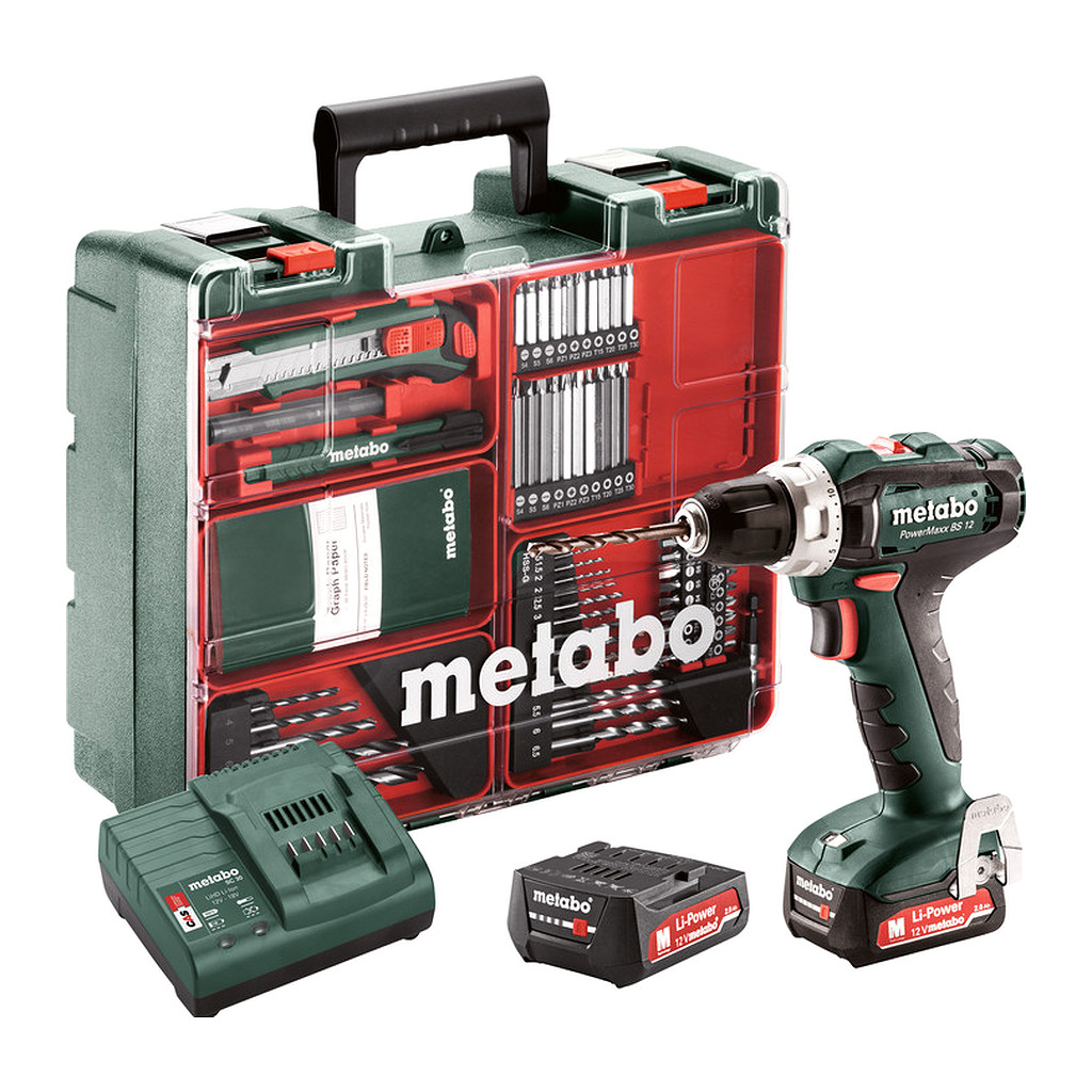 Metabo 601036870 - PowerMaxx BS 12 Set - AKU vŕtačka so skrutkovačom, 12V 2x2Ah Li-Power, Nabíjačka SC 30, Kufor z umelej hmoty, Mobilná dielňa