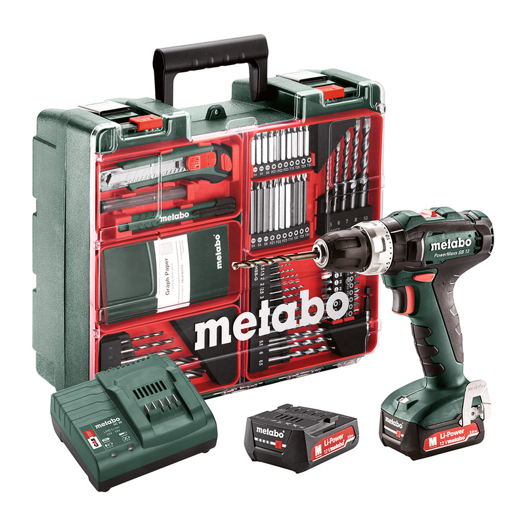 Metabo 601076870 - PowerMaxx SB 12 Mobile Werkstatt - AKU príklepový vŕtací skrutkovač, 12V 2x2Ah Li-Power, Nabíjačka SC 30, Kufor z umelej hmoty, Mobilná dielňa