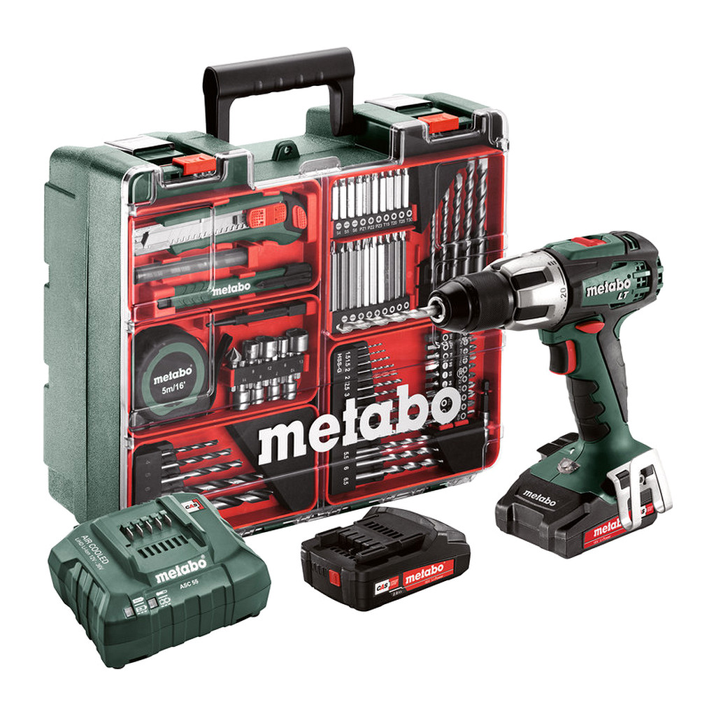 Metabo 602103600 - SB 18 LT Set - AKU príklepový vŕtací skrutkovač, 18V 2x2Ah Li-Power, Nabíjačka ASC 55, Kufor z umelej hmoty, Mobilná dielňa