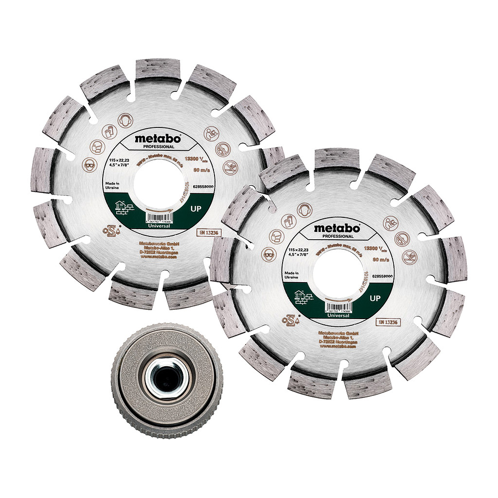 Metabo 628581000 - Sada: 2x diamantový rezný kotúč 115 x 22,23 mm, „UP“ + 1x rýchloupínacia matica M 14