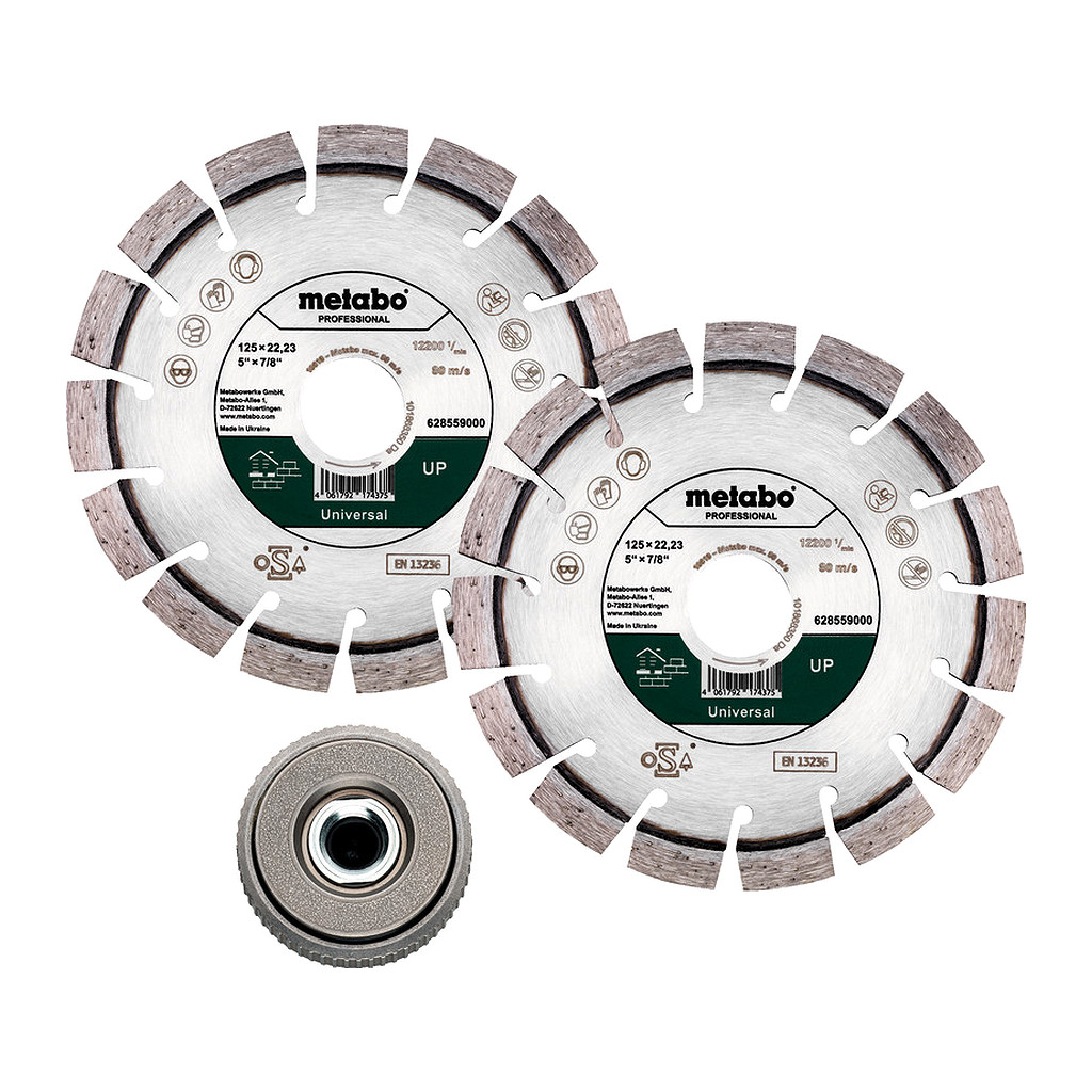 Metabo 628582000 - Sada: 2x diamantový rezný kotúč 125 x 22,23 mm, „UP“ + 1x rýchloupínacia matica M 14