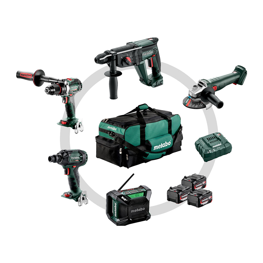 Metabo 685213000 - Combo Set 5.2 - AKU stroje v súprave, 18V, Brašňa pre náradie, BS 18 LTX BL + KH 18 LTX 24 + W 18 L 9-125 Quick + SSW 18 LTX 300 BL + R 12-18 DAB BT