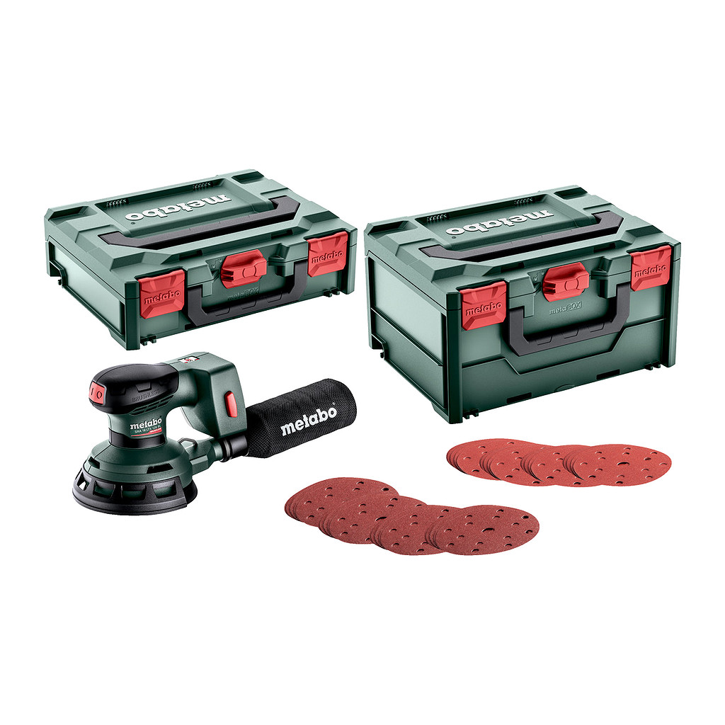 Metabo 691200000 - SXA 18 LTX 125 BL Set - AKU excentrická brúska, 18V, metaBOX 215, so 100 brúsnymi kotúčmi so suchým zipsom