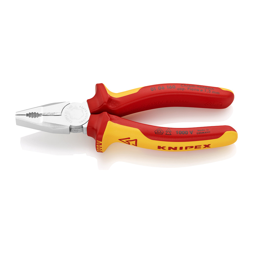 Knipex 01 06 160 - Kombinované kliešte Chróm vanádium izolované s multi-komponentnými rukoväťami, VDE testované pochrómované 160 mm