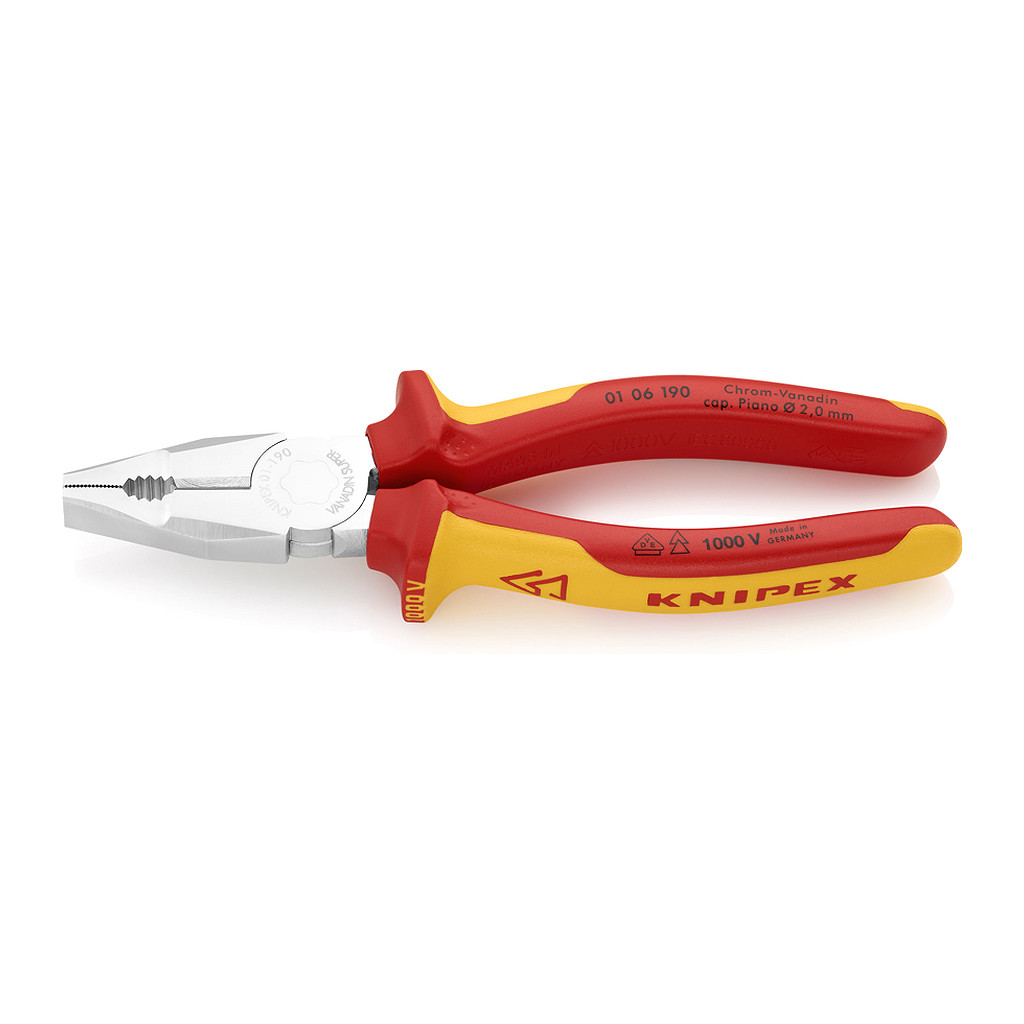 Knipex 01 06 190 - Kombinované kliešte Chróm vanádium izolované s multi-komponentnými rukoväťami, VDE testované pochrómované 190 mm