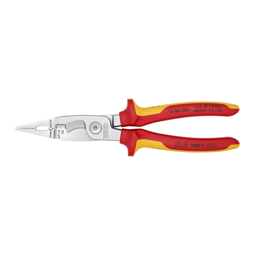 Knipex 13 86 200 - Kliešte pre elektroinštalácie izolované s multi-komponentnými rukoväťami, VDE testované pochrómované 200 mm