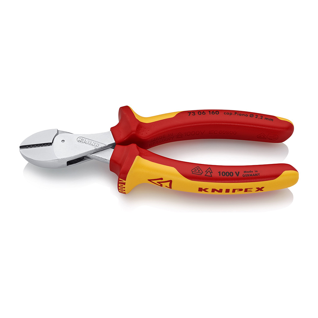 Knipex 73 06 160 - X-Cut® Kompaktné bočné cvikacie kliešte vysoký pákový prevod izolované s multi-komponentnými rukoväťami, VDE testované pochrómované 160 mm