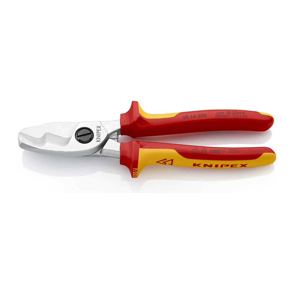 Knipex 95 16 200 - Nožnice na káble s dvojitou reznou hranou izolované s multi-komponentnými rukoväťami, VDE testované pochrómované 200 mm