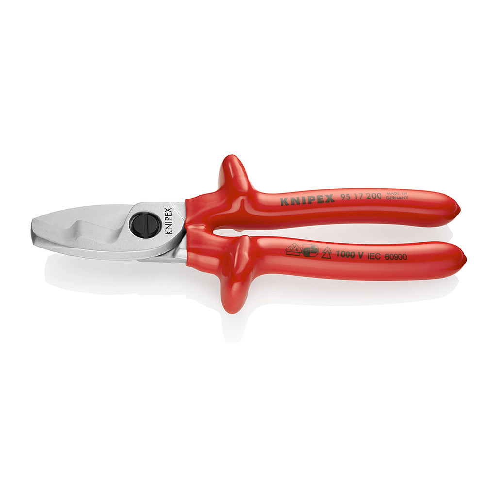 Knipex 95 17 200 - Nožnice na káble s dvojitou reznou hranou s máčanou izoláciou, VDE testované pochrómované 200 mm