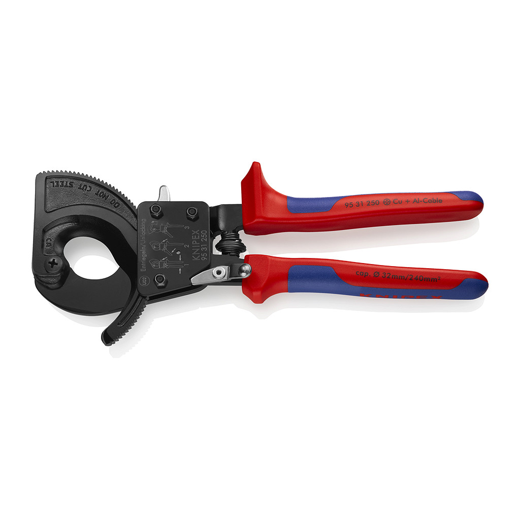 Knipex 95 31 250 - Kliešte na káble (račňový mechanizmus) s multi-komponentnými úchopmi čierne lakované 250 mm (samoobslužná karta/blister)