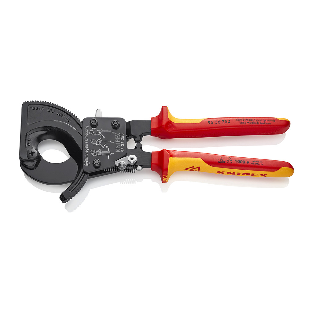 Knipex 95 36 250 - Kliešte na káble (račňový mechanizmus) izolované s multi-komponentnými rukoväťami, VDE testované čierne lakované 250 mm (samoobslužná karta/blister)