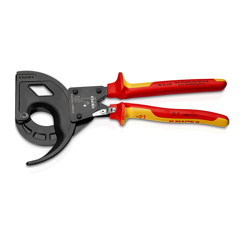 Knipex 95 36 320 - Kliešte na káble (račňový princíp, 3-úrovňový) izolované s multi-komponentnými rukoväťami, VDE testované čierne atramentované 320 mm