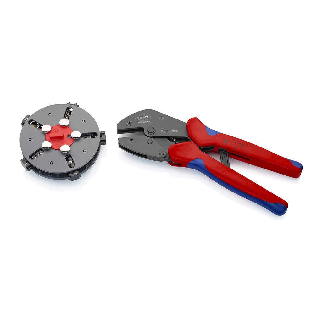 Knipex 97 33 02 - MultiCrimp® Pákové lisovacie kliešte s výmenným zásobníkom s multi-komponentnými úchopmi leštené 250 mm